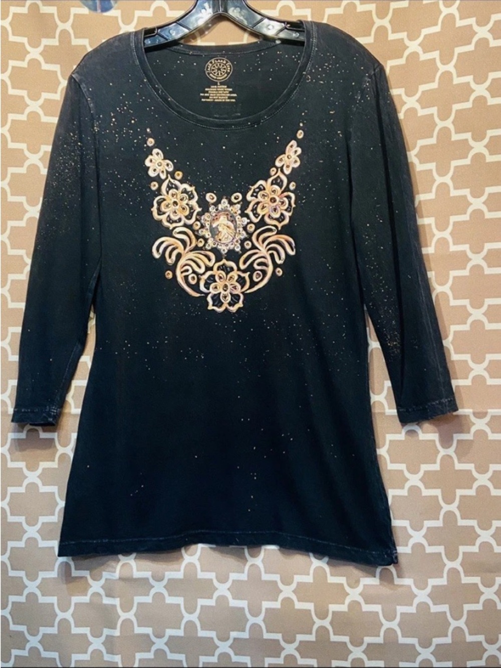 Black Embellished Scoop Neck Long Sleeve Top with Gold Floral Accents